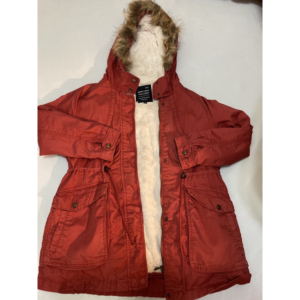 韓系紅色秋冬兩穿式大衣外套 加絨長版風衣可拆式連帽夾克