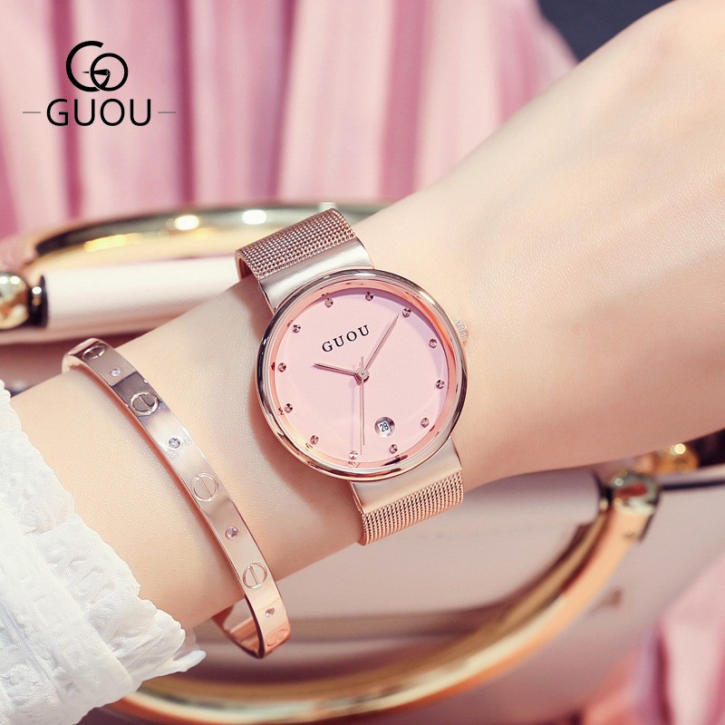 GUOU古歐 手錶 8188 韓版時尚水鑽玫瑰金網鏈日曆手錶學生防水腕表