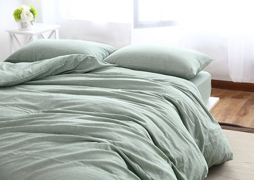 日式水洗棉系列~MUJI無印良品風 純棉簡約草綠純色雙人床包被套4件組- 吸汗/透氣/舒適~PicHome 挑 家居