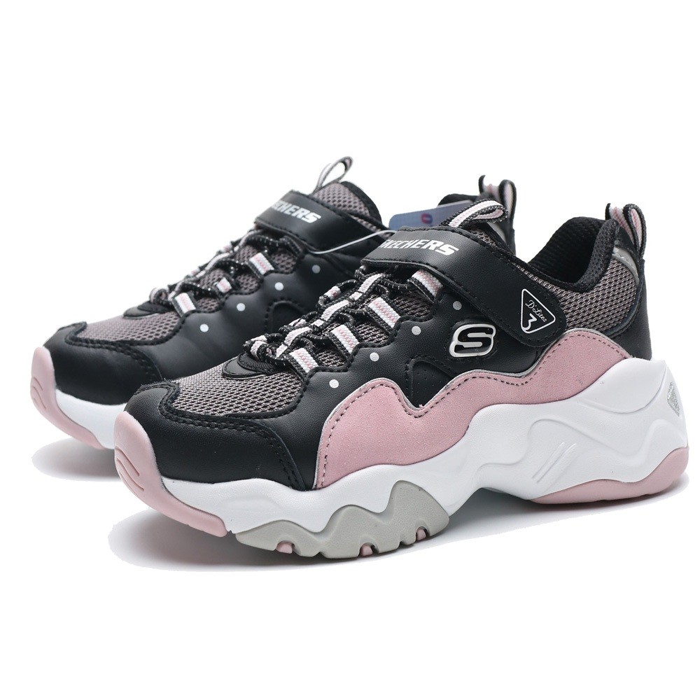 SKECHERS DLITES 黑 粉 麂皮 魔鬼氈 老爹鞋 黏帶 運動鞋 中童 (布魯克林) 80444LBKLP