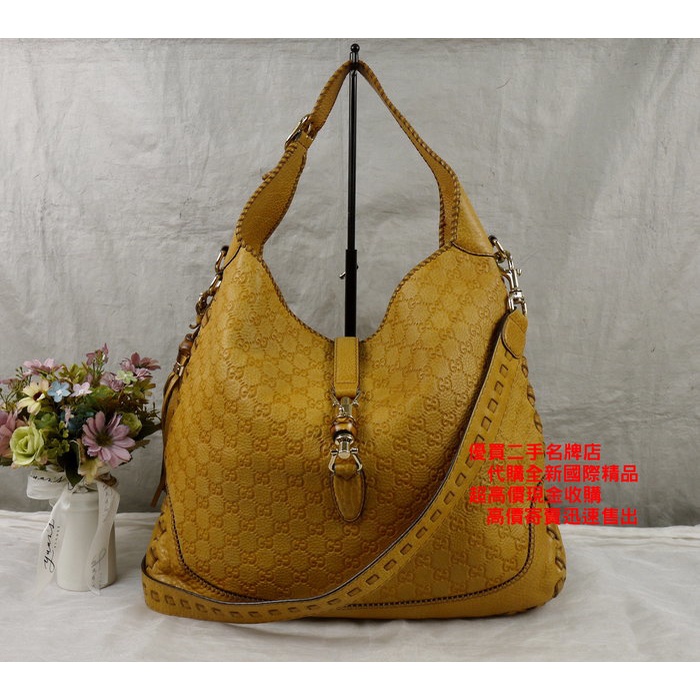 ☆優買二手精品名牌店☆ GUCCI 218491 GG 字紋 大地色 牛皮 肩背包 手提包 竹節 賈姬包 斜背包 特價