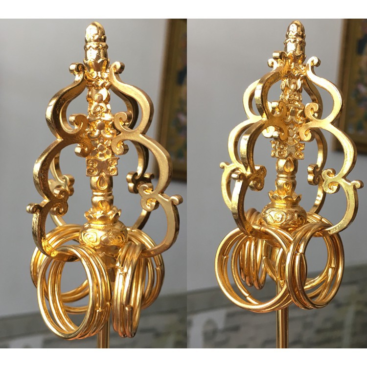 チベット密教法器 法杖 五鈷杵錫杖 真鍮製 禅杖 仏教美術 23.5cm