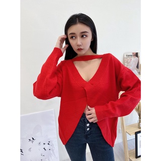 特價*紅黃現貨秒出售完不再♥️【JinG】前後兩穿*親膚羊絨交叉針織衫♥️美背毛衣 大V領上衣 慵懶風 中長版 長袖毛衣