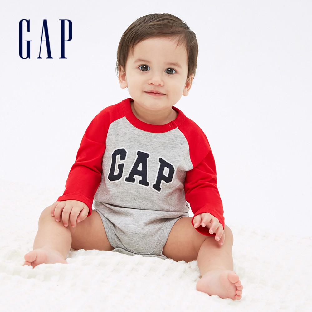 Gap 嬰兒裝 Logo撞色圓領長袖包屁衣-灰色(619802)