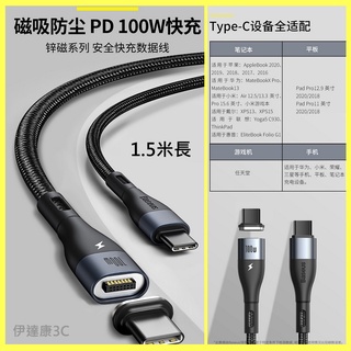 【台灣現貨】Baseus 倍思 磁吸防塵 C to C 100W 編織線 充電指示 E-marker晶片 1.5米附綁帶