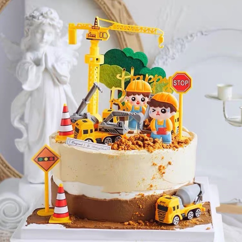 《菓子熊🐻》交通標誌 路障 吊塔 吊塔機 挖土機 蛋糕裝飾 蛋糕 工程車 玩具 擺件