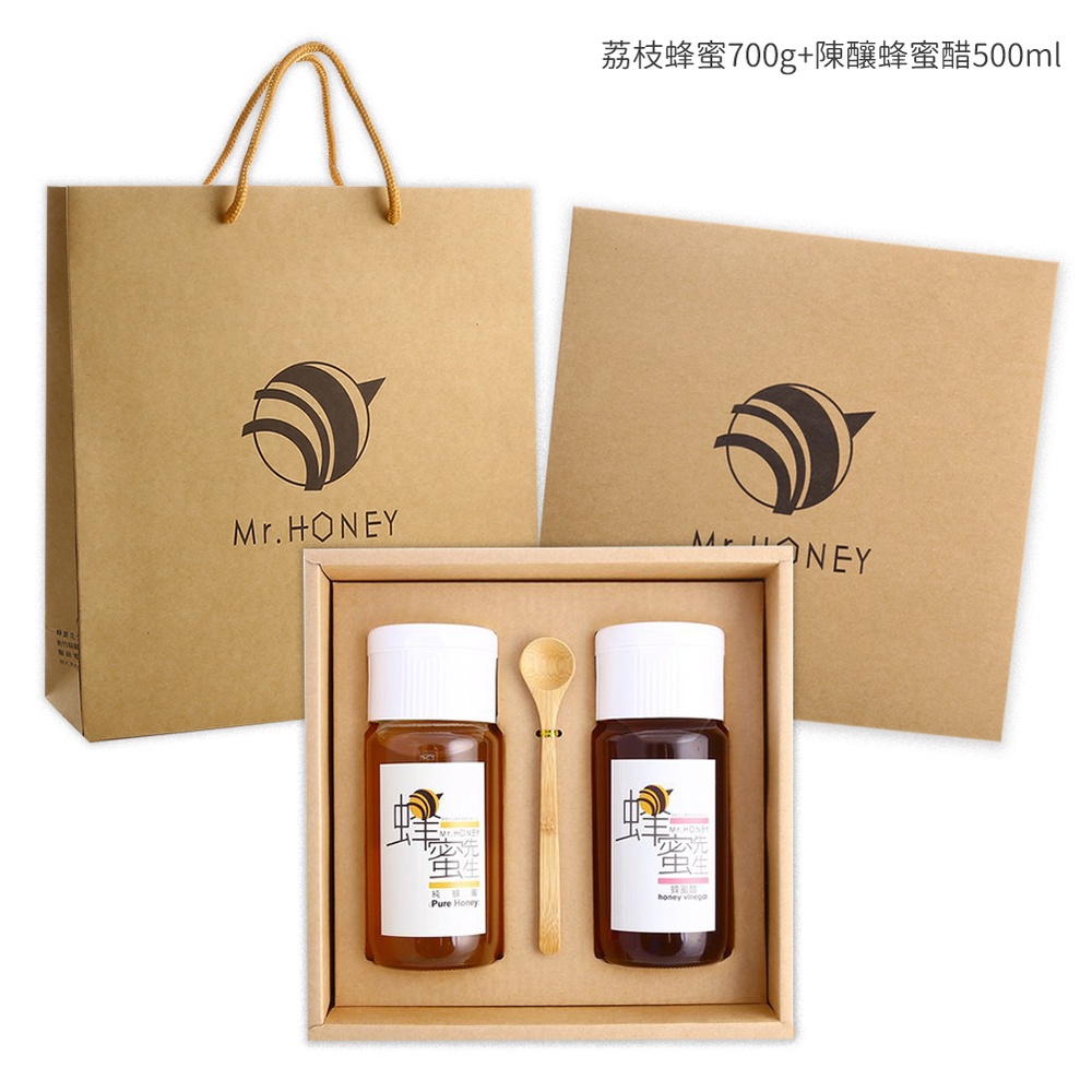 ｜Mr.HONEY 蜂蜜先生｜雙響禮盒-陳釀蜂蜜醋500ml+荔枝蜂蜜700g（或野花蜂蜜700g）附禮袋