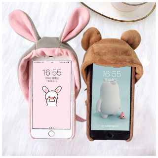 (送保護貼)iphoneSE2 X 8 7 iphone6S plus I8 i7 i7p創意熊帽兔耳朵毛絨帽子手機殼