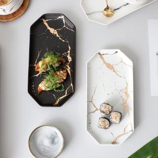 北歐金色大理石紋陶瓷盤子 桌面托盤收納盤餐盤家用壽司盤