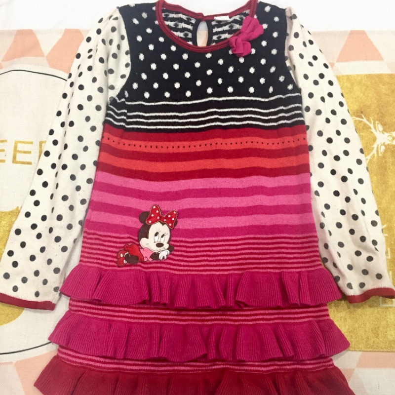 麗嬰房-Disney米妮圓點粉紅色連身洋裝羊毛毛衣蛋糕裙