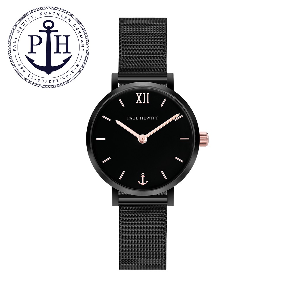 PAUL HEWITT 《PH》德國船錨 經典系列錶款28mm(黑色金屬米蘭表帶) 黑x玫瑰金【第一鐘錶眼鏡】