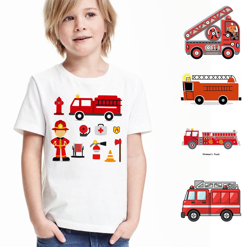 新款夏季男嬰女童消防員衣服短袖 O 領 T 恤消防車/卡車 T 恤品牌 T 恤上衣男女通用 3-13 歲