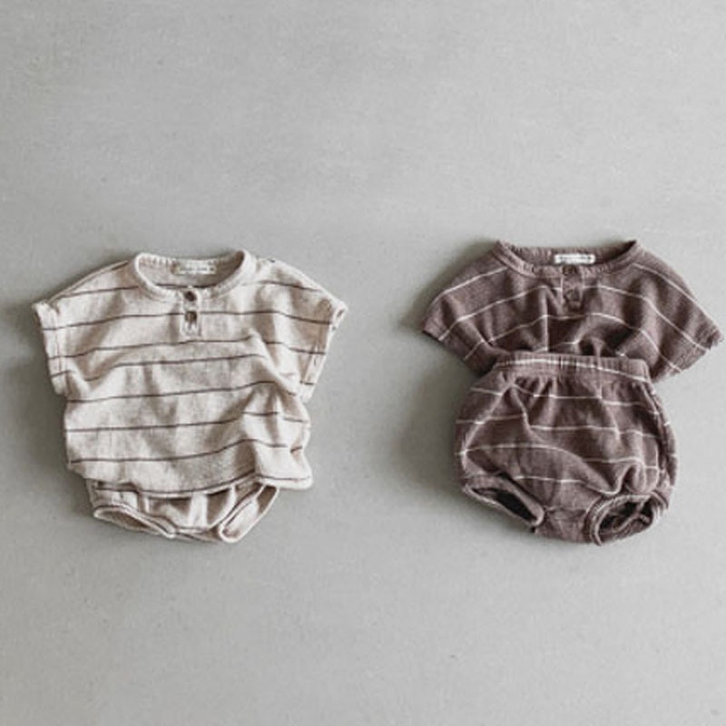 嬰幼童可愛休閒洋氣條紋套裝寶寶夏款棉短袖 短褲兩件套