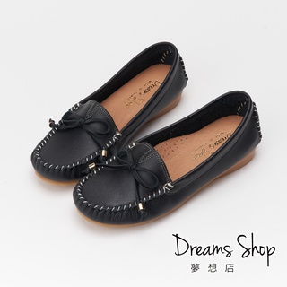 DREAMS SHOP 足弓支撐 MIT真皮蝴蝶結縫線莫卡辛休閒鞋 黑色【HM1152】大尺碼女鞋37-45