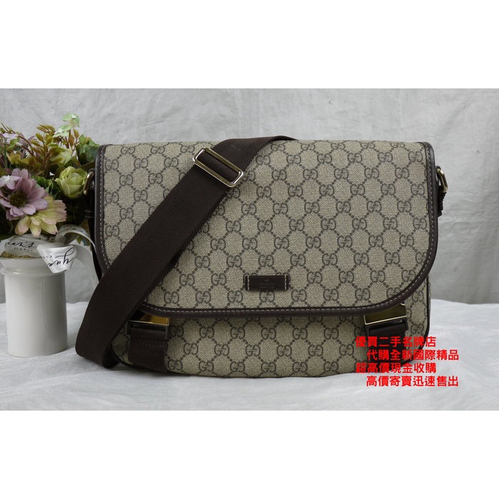 優買二手精品名牌店 GUCCI 201732 咖 PU GG 斜背包 書包 電腦包 郵差包 記者包 航空包 信差包 美品