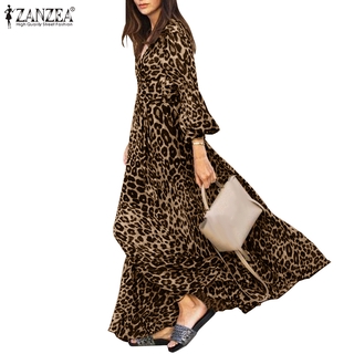 ZANZEA女士歐美街頭潮流豹紋印花V領長袖寬鬆版型休閒洋裝