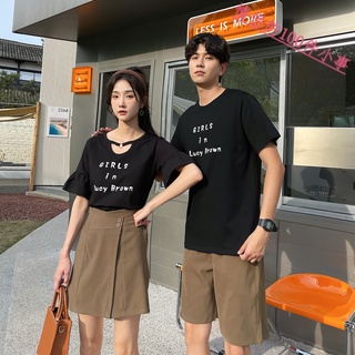 【COUPLE】📣📣2022夏季新品休閒學院風字母短袖T恤衫女半身裙男褲套裝情侶裝