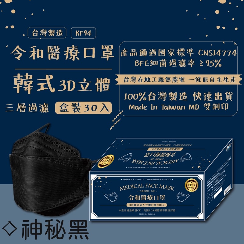 🔥令和醫療口罩品質優&amp;菲力固（寶肽）🔥台灣🇹🇼MIT+MD KF94 🌸🌸神秘黑🌸🌸#韓版4D成人立體醫療口罩 😷魚型