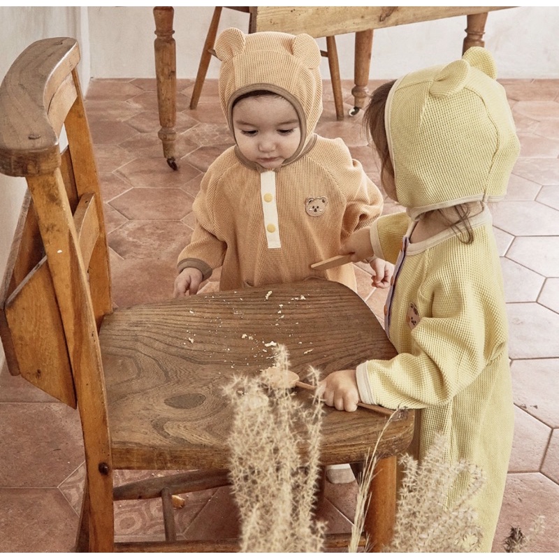 韓國Dtd🇰🇷現貨秋冬薄款袋鼠兜兜連身衣 +立體帽套裝 爬行衣 嬰兒連身衣 熊熊套裝 熊熊連身衣