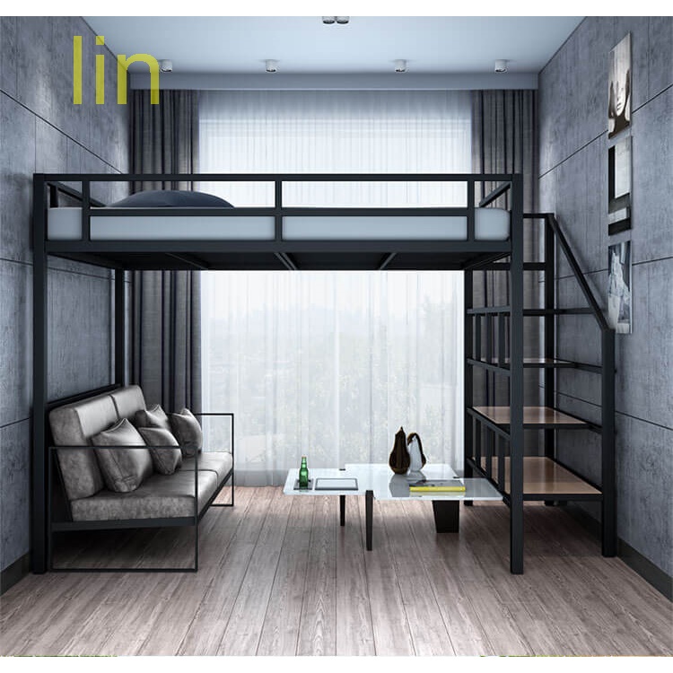 lin鐵藝雙人單人鐵架樓閣式鋼床架雙層上下鋪上床下桌高架現代簡約床