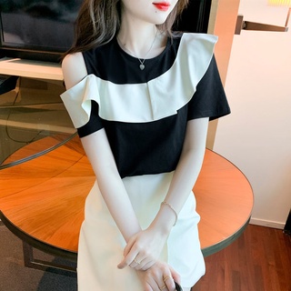 胖胖美依 上衣 短袖T卹 簡約 S-2XL新款T卹荷葉邊露肩上衣女設計感純棉小衫氣質非A027-6785.