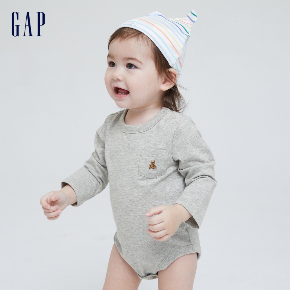 Gap 嬰兒裝 簡約小熊刺繡長袖包屁衣 布萊納系列-淺灰色(663830)