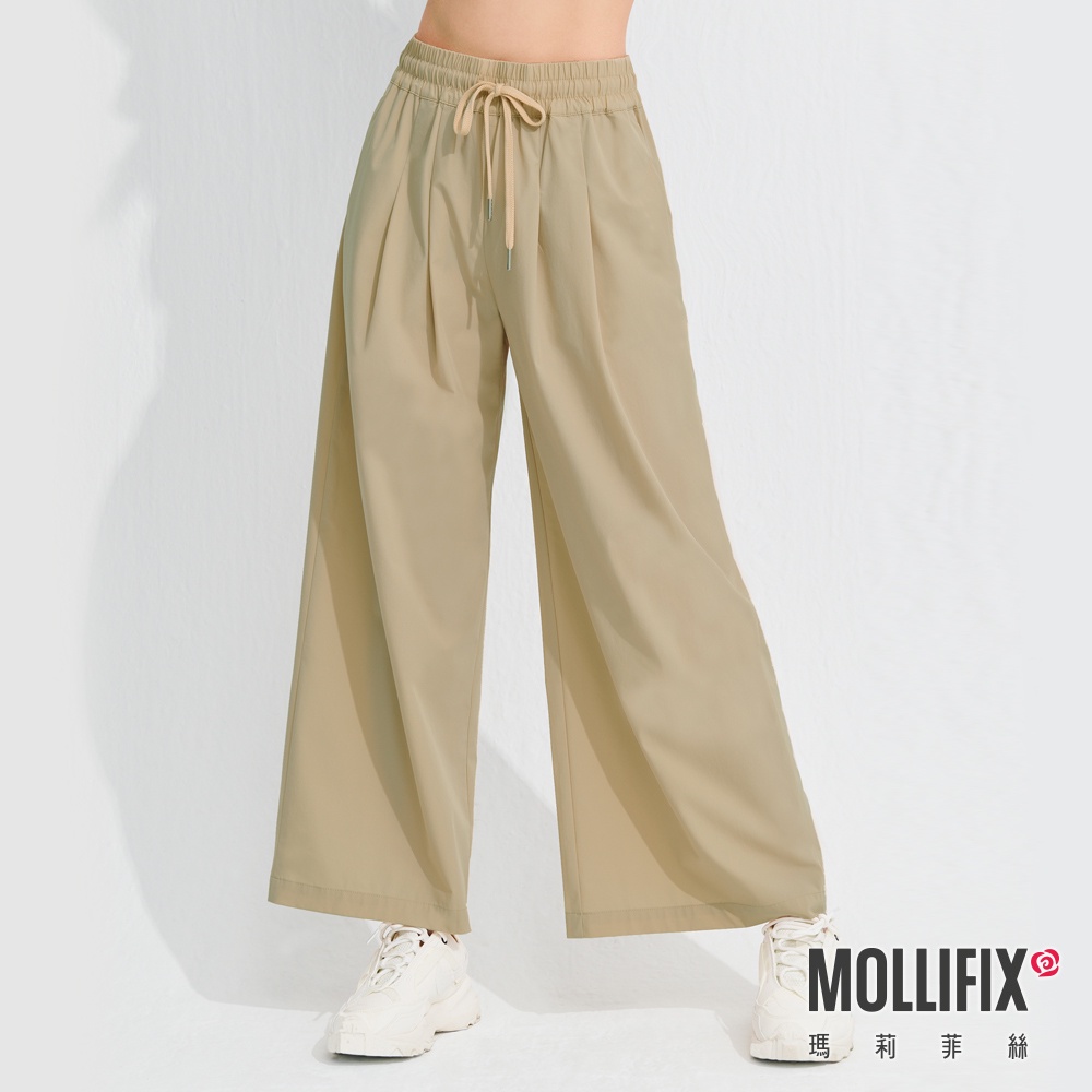 Mollifix 瑪莉菲絲 簡約修身打摺寬褲 (卡其)、瑜珈服、Legging