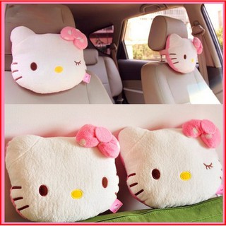 超可愛 Hello Kitty 凱蒂貓 粉波點 汽車頭枕靠墊 毛絨卡通頸枕 內裝汽車用品 汽車頭枕