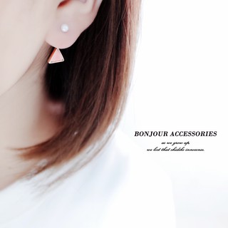韓國小珍珠三角 皮革前後扣 耳環 臺灣現貨【Bonjouracc】