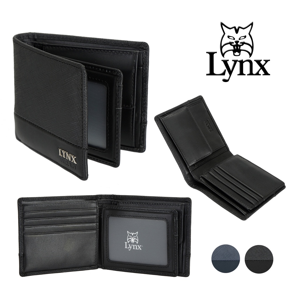 【Lynx】美國山貓進口牛皮十字紋零錢袋短夾男夾錢包-黑色 LY16-2113-99