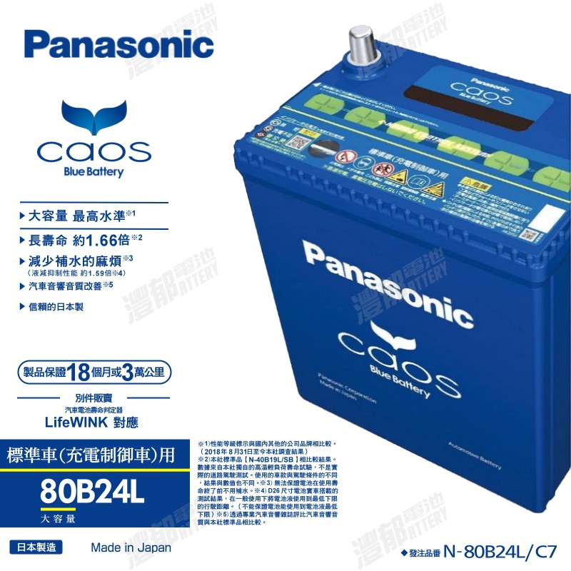 『灃郁電池』日本原裝進口 Panasonic Caos 銀合金免保養 汽車電池 80B24L (46B24L）加強版