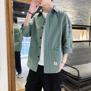 FengKK男裝 男士7分袖襯衫 襯衫男 潮流韓版工裝帥氣七分短袖 牛仔 男式襯衣夏季寬松休閑外套潮
