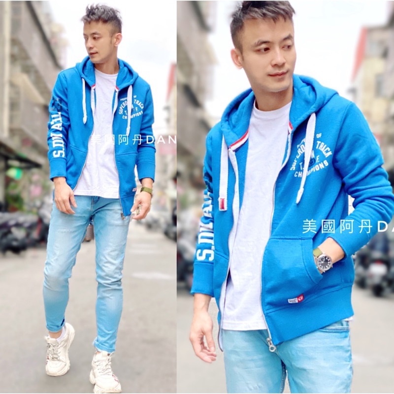 [『美國阿丹』極度乾燥 Superdry 男款LOGO連帽外套 棉外套 內刷毛 厚棉 保暖長袖外套 鋪棉 水藍 藍灰色]