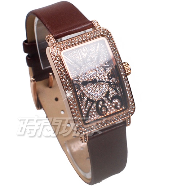 香港古歐 GUOU 閃耀時尚腕錶 滿鑽數字錶 長方型 真皮皮革錶帶 玫瑰金x深咖啡 G8201玫深咖【時間玩家】