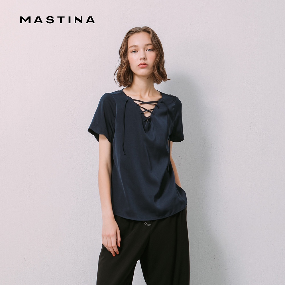 【MASTINA】抽繩領口綁結-女短袖襯衫 綁結 藍(藍色/版型寬鬆)