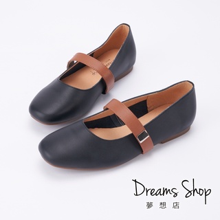 DREAMS SHOP 瑪莉珍 MIT真皮拼色平底娃娃鞋 黑色【HMBH09】大尺碼女鞋37-45