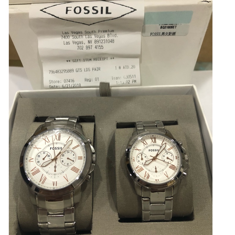 全新真品 FOSSIL BQ2180 男女對錶 三眼白底銀鋼帶