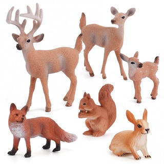 6PCS 森林動物公仔、林地生物公仔、微型玩具蛋糕裝飾（鹿家族、狐狸、兔子、松鼠）