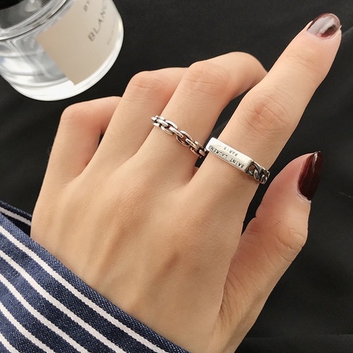 現貨-純銀定制英文字母戒指女時尚個性ins潮韓國原創設計鏈條麻花食指-B101
