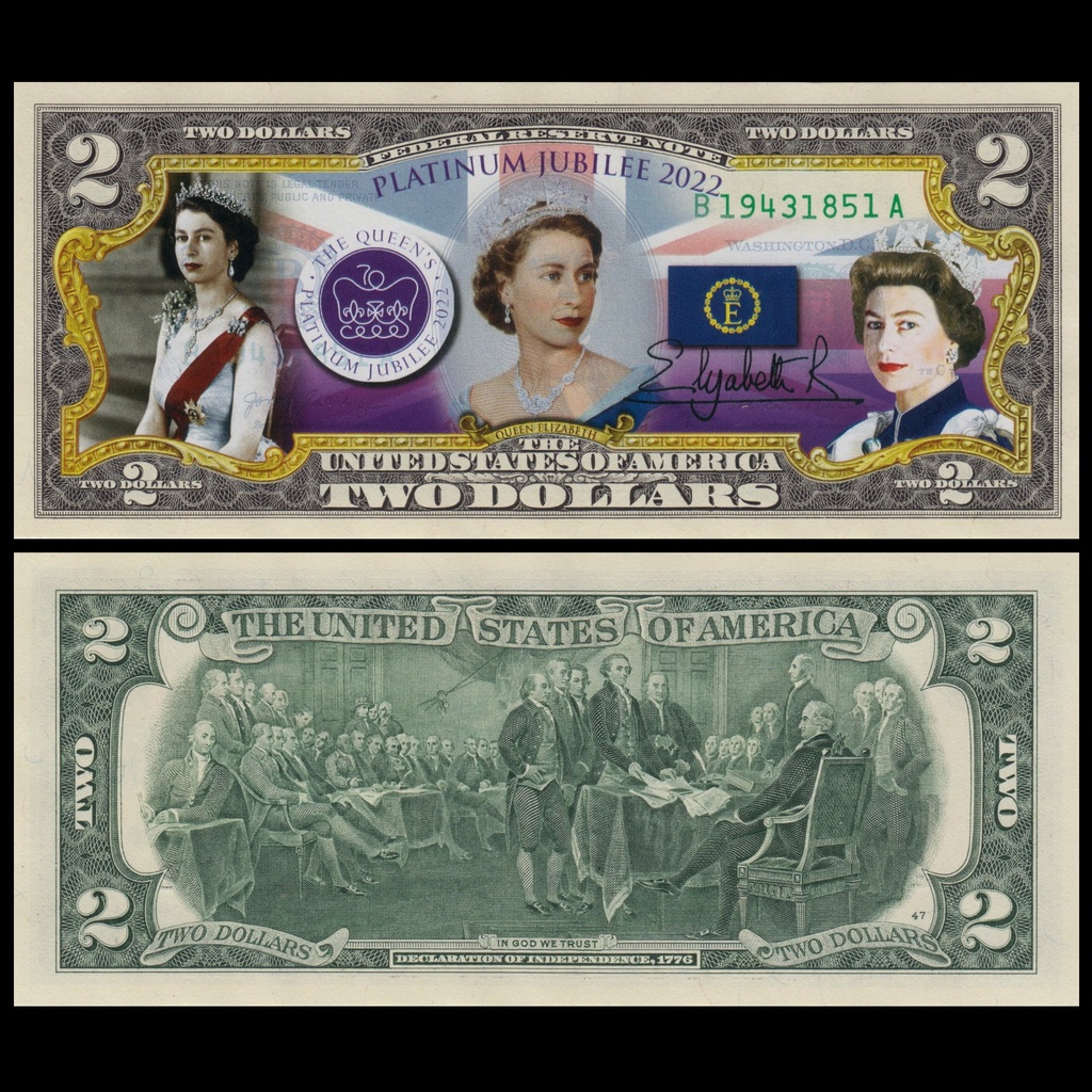 麥擱問阿 彩色版真鈔 英國女王登基70年白金禧年 2美元 2022年 英國 美金美元 混合塑料 鈔票 美國 非現行流通