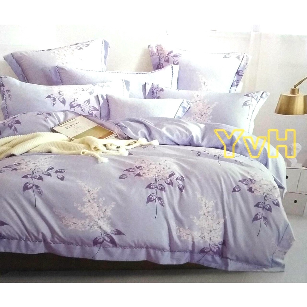 =YvH=萊麗絲木漿纖維 台灣製 鋪棉床罩兩用被組 雙人 加大 雙面印花 全印花百褶床裙 藍紫色 繡球花 花榭
