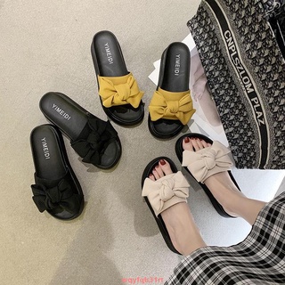 【熱賣爆款】▷舒適 拖鞋女 鬆糕厚底拖鞋▽女夏外穿仙女▽風2020新▽款蝴蝶結防滑▽平底一字涼拖▽鞋子