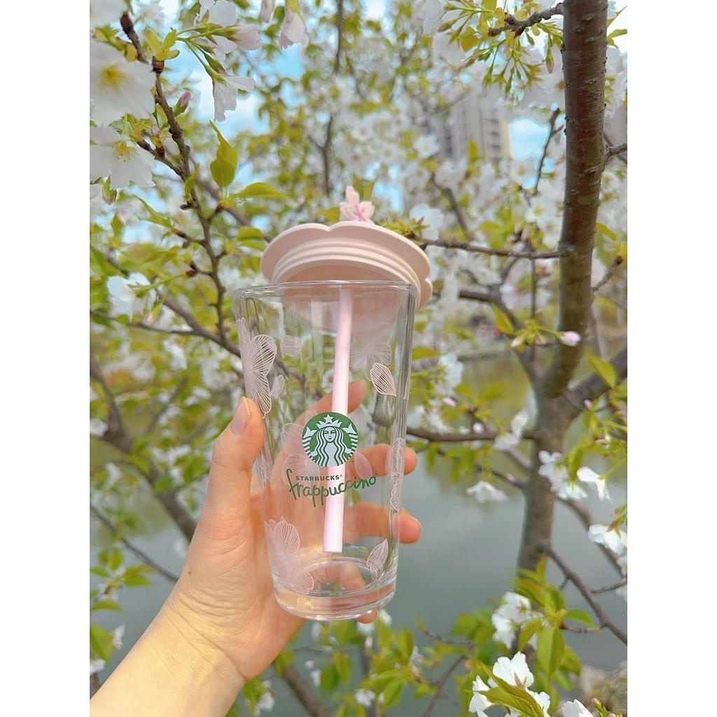 星巴克貓爪吸管杯櫻花粉色透明玻璃雙飲口咖啡隨享杯450ml