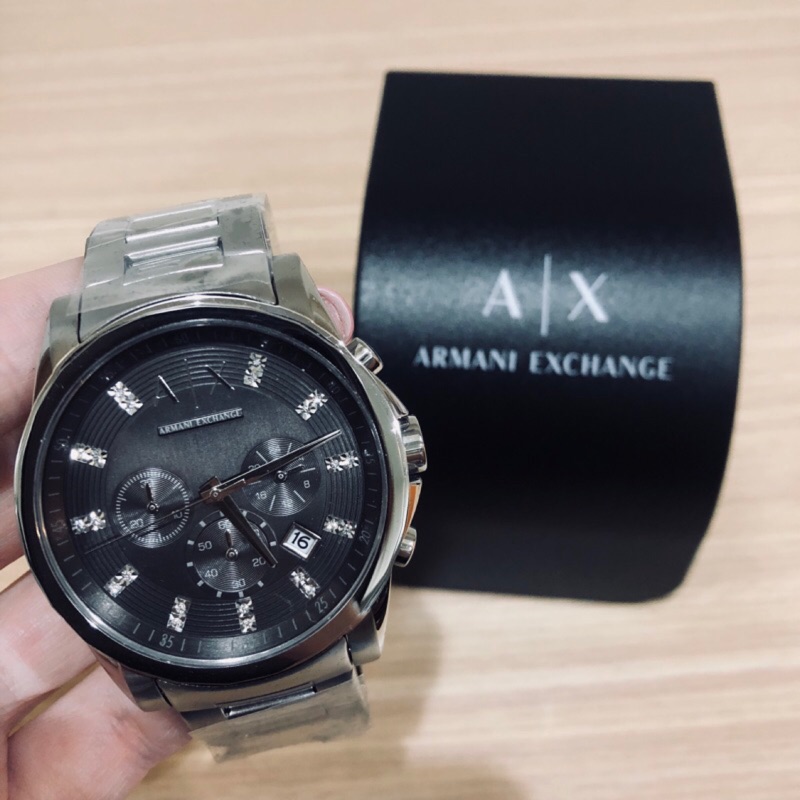 (現貨）全新保證正品ARMANI EXCHANGE AX手錶 AX2092 紳士夜黑三眼施華洛世奇水鑽鋼帶錶