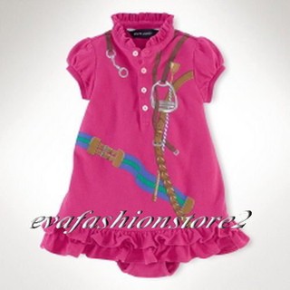 【Polo Ralph Lauren】INFANT GIRL 美麗特殊印染圖騰桃紅色花邊層次裙襬洋裝 18M(現貨在美國