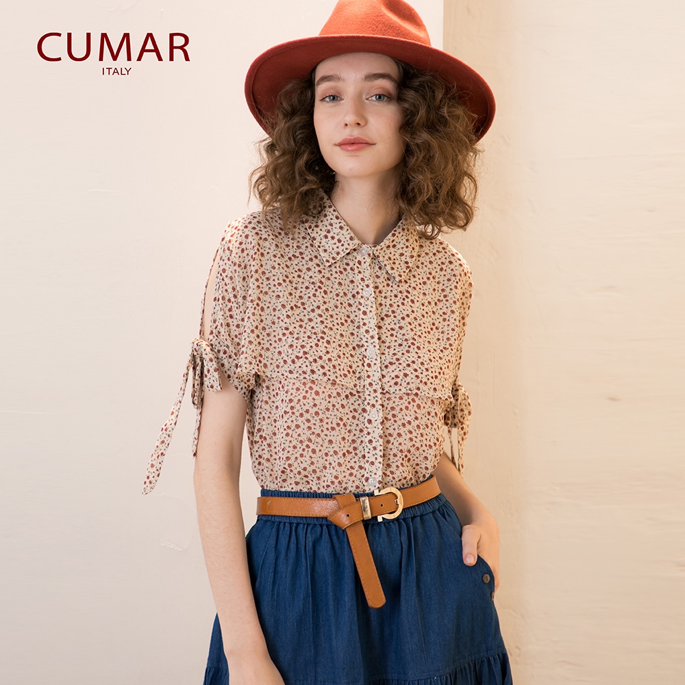 【CUMAR】層次綁結設計印花-女短袖襯衫 印花 藍 杏(二色/版型適中)