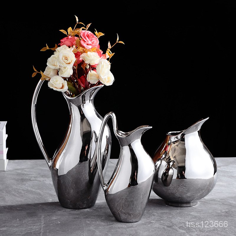 特價現貨直發】簡約現代客廳家居銀色壺形陶瓷花瓶花器樣板間飾品軟裝擺件乾花【限時搶購】 | 蝦皮購物