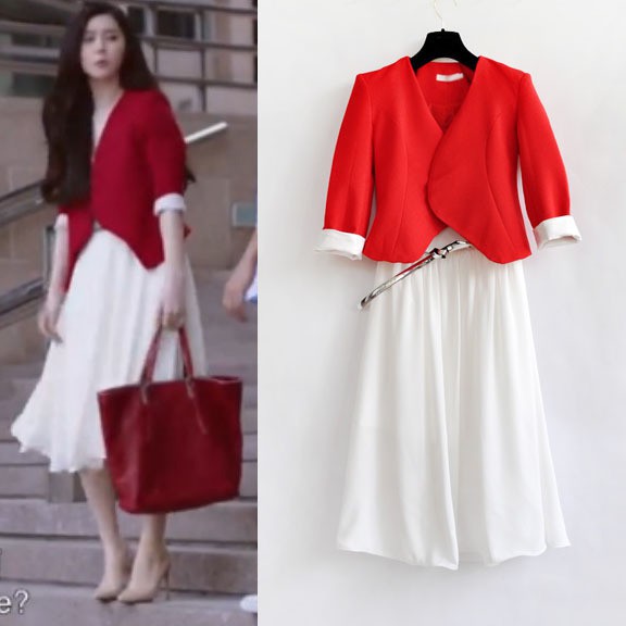 2017新款明星同款白色吊帶連衣裙+紅色西裝外套套裝女裝(本禮服出售/出租均可) A268