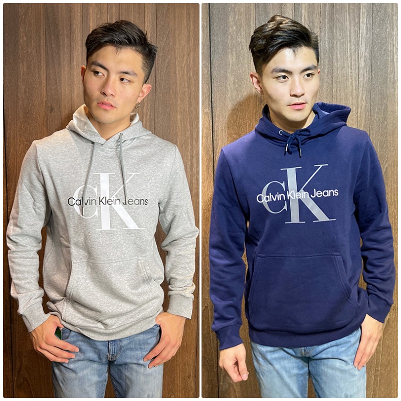 美國百分百【全新真品】Calvin Klein 長袖 連帽T恤 CK 帽T 上衣 男 大LOGO 深藍 灰色 BM90