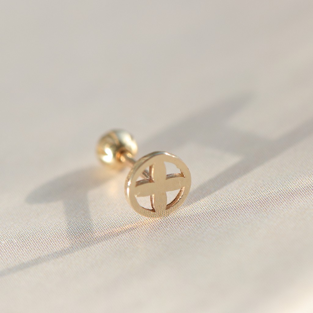 14K Round Cross Piercing 圓十字鎖珠耳環 (單個)